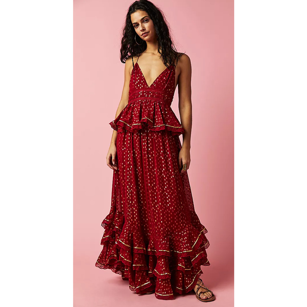 Free People's Rococo Sand Emi Long Dress in Red/Rouge, S